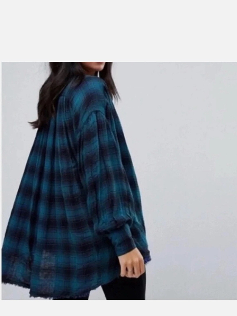 Free People Teal & Navy Plaid Long Sleeve Shirt Dress